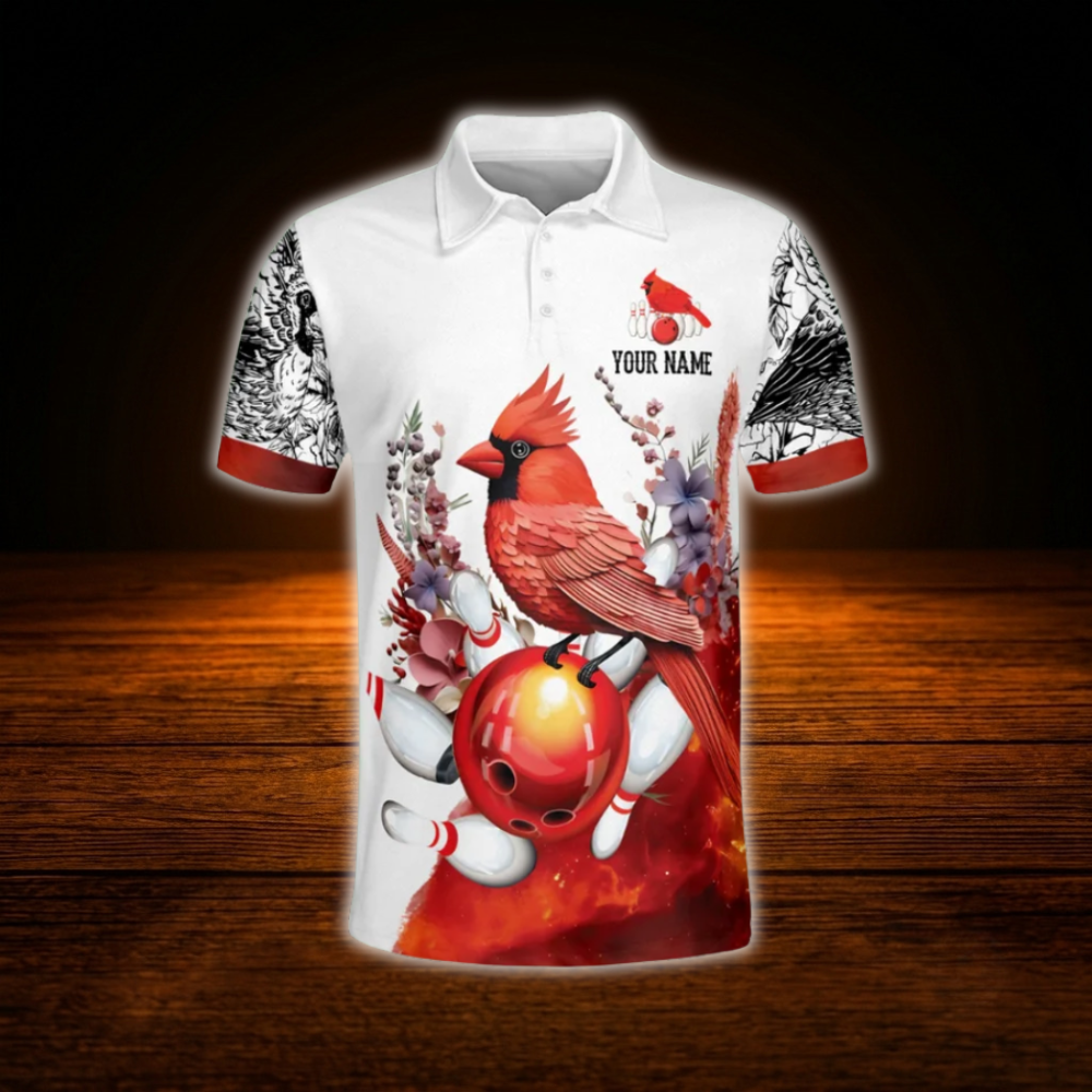 Custom Cardinal Bird Orange White Bowling Polo Shirts For Men, Custom Cardinal Bowling Team Shirts