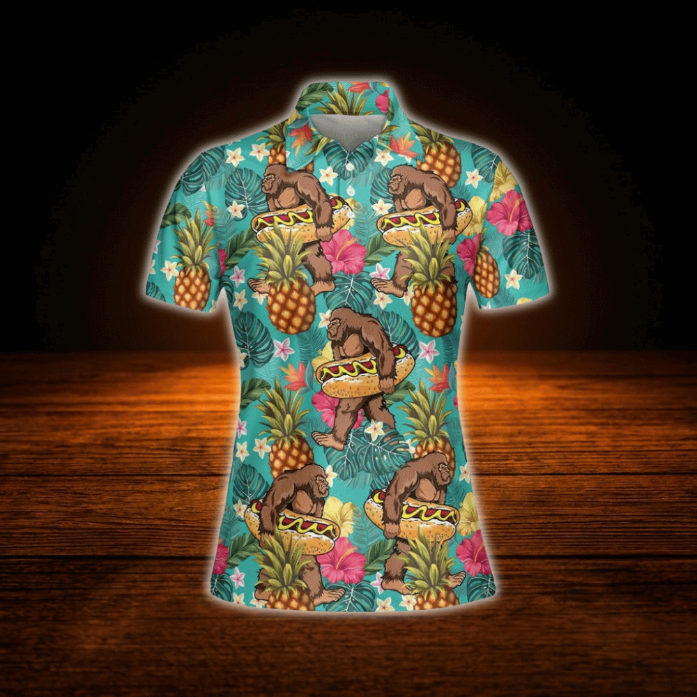 Women's Bigfoot Hotdog Golf Polo Shirt, Bigfoot Tropical Golf Shirt For Ladies