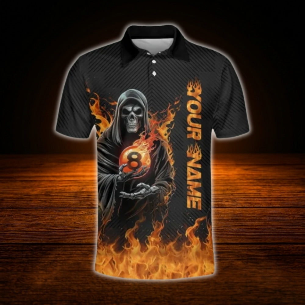 Skeleton Fire Custom Mens Billiard Polo Shirt, Custom Skull Billiard Polo Shirt