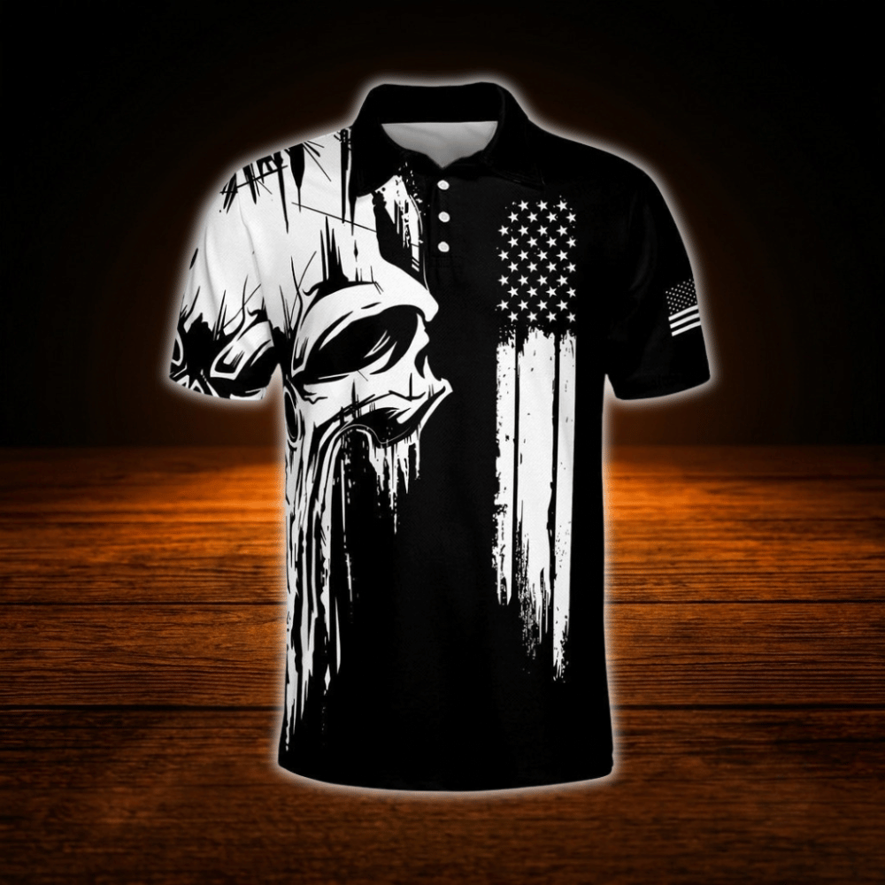 Skull USA Flag Men's Black Golf Polo Shirts, Skull Golf Shirts