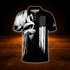 Skull USA Flag Men's Black Golf Polo Shirts, Skull Golf Shirts