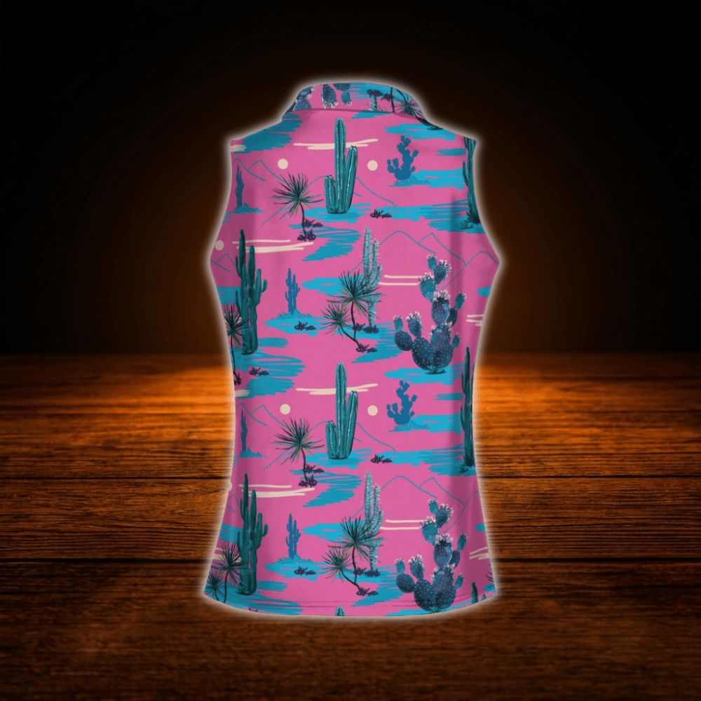 Pink Cactus Sleeveless Golf Shirt For Women, Western Golf Shirt For Ladies