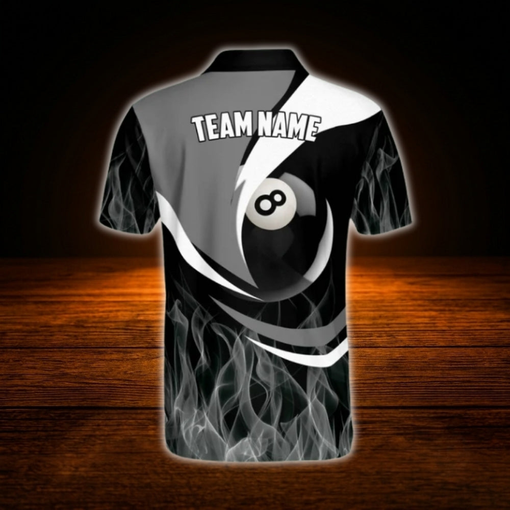 Custom Flame Men's Black Grey Billiard Polo Shirt, Custom Flame Billiard Team Shirt