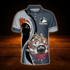 Custom Flaming Navy Grey Bowling Polo Shirt For Men, Custom Flame Bowling Shirt For Team