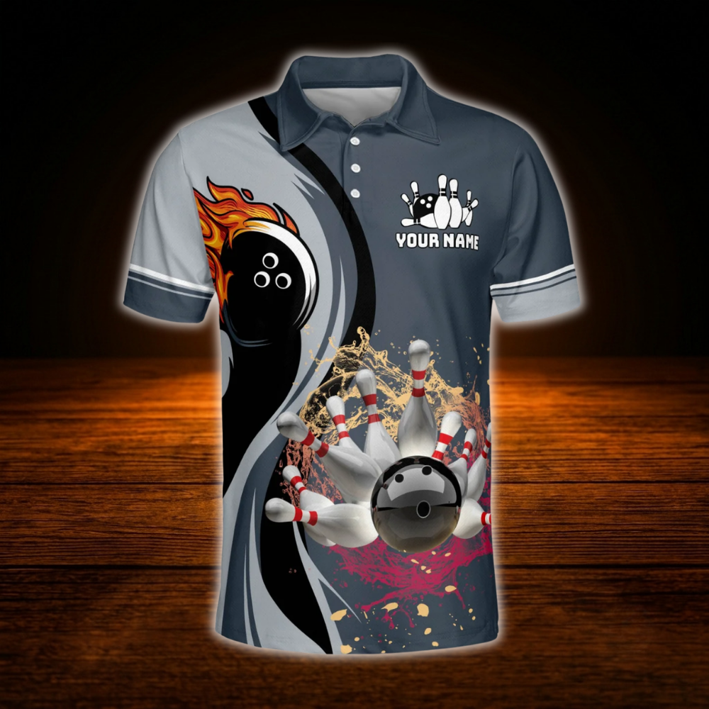 Custom Flaming Navy Grey Bowling Polo Shirt For Men, Custom Flame Bowling Shirt For Team