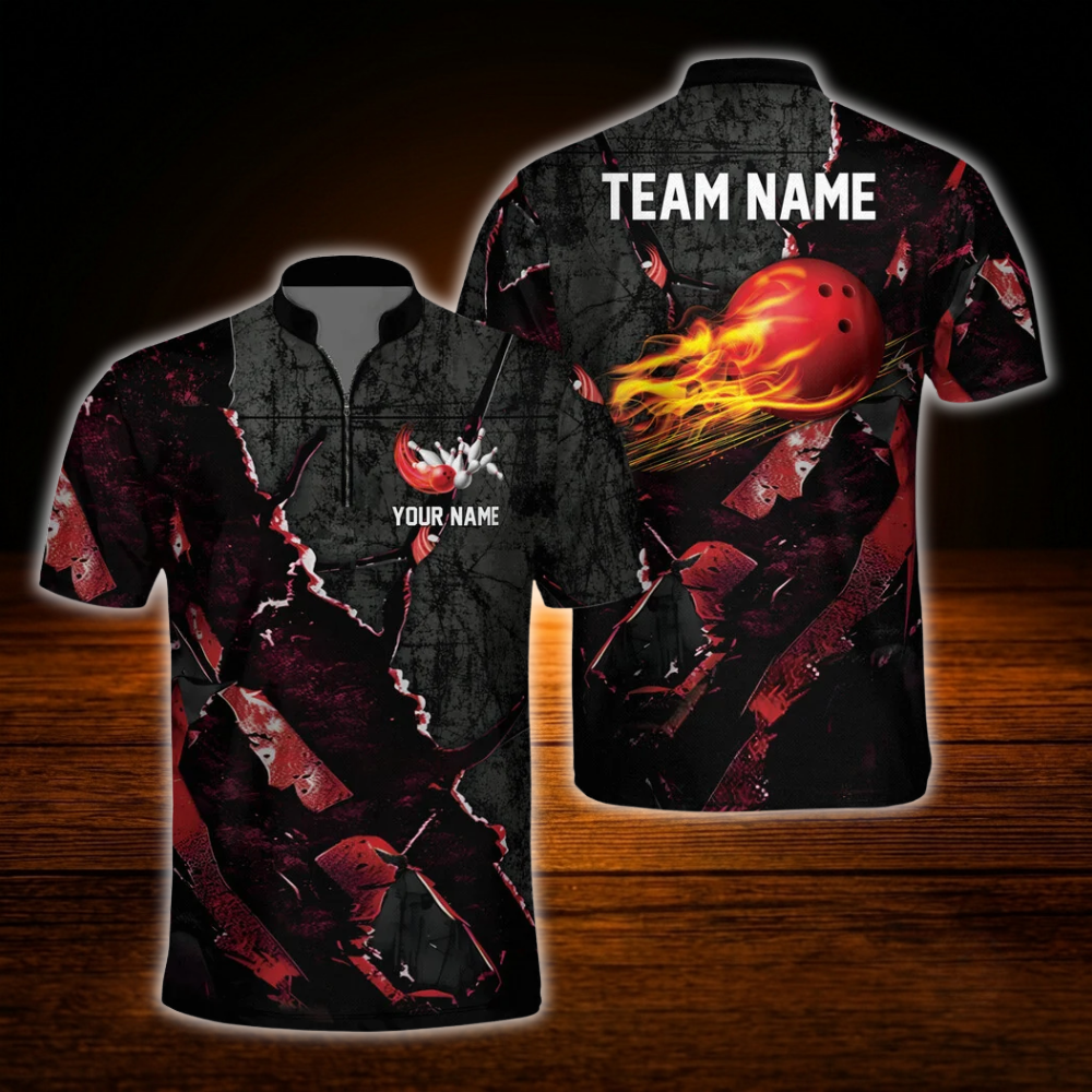 Custom Flaming Ball Grunge Bowling Jersey For Men, Custom Flame Bowling Team Shirt