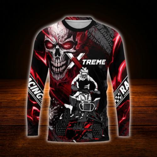 ATV Motocross Custom Skull Black Red Long Sleeve Jersey For Men, Custom Skull ATV Dirt Bike Shirt