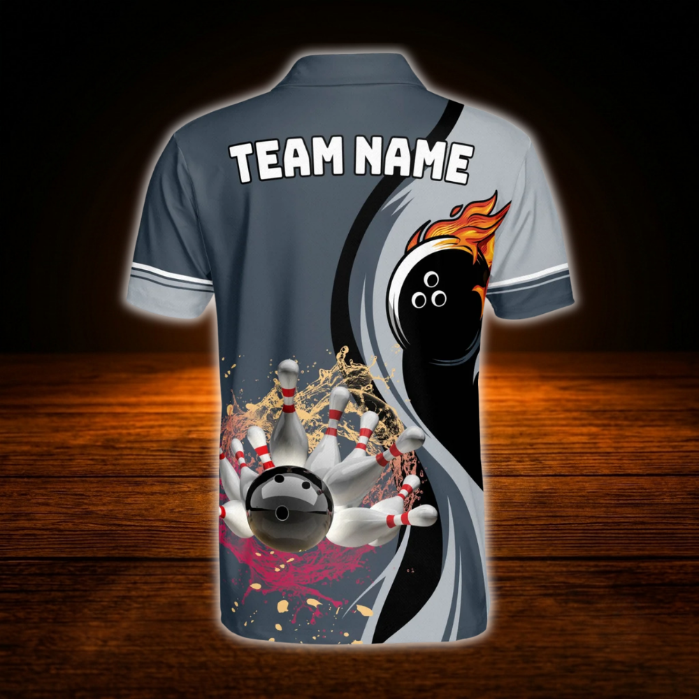 Custom Flaming Navy Grey Bowling Polo Shirt For Men, Custom Flame Bowling Shirt For Team