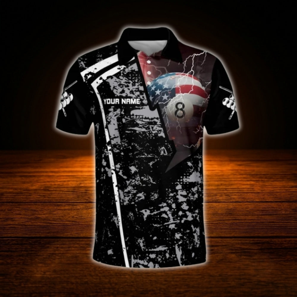 Custom 8 Ball USA Flag Billiard Men Polo Shirt Grey, Custom Patriotic Billiard Shirt Team