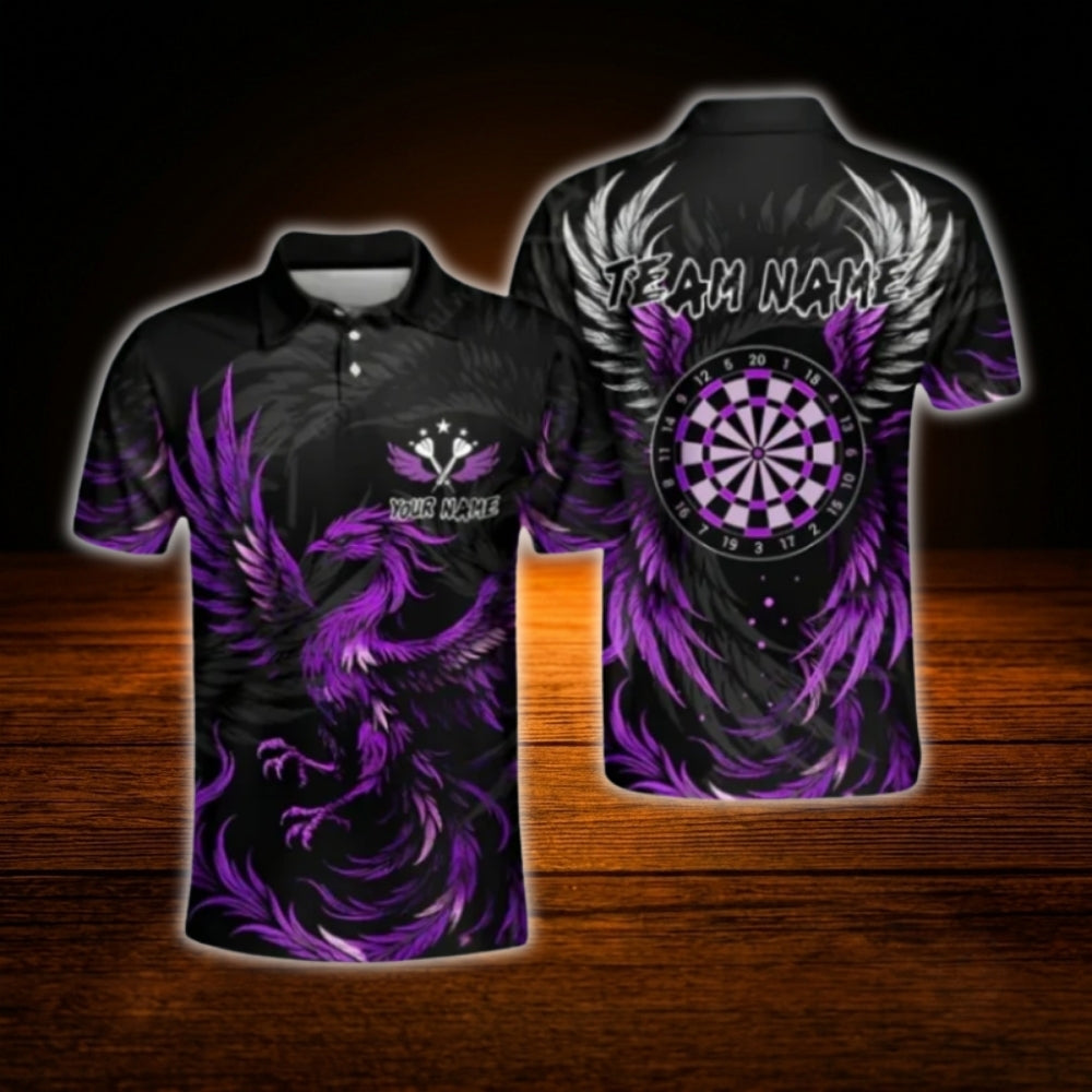 Custom Phoenix Men's Purple Black Dart Polo Shirt, Custom Phoenix Dart Team Shirt