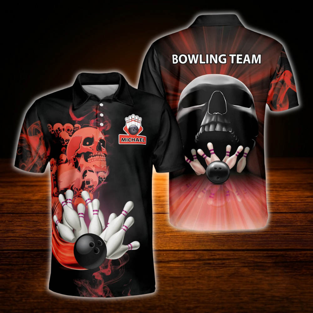 Custom Skull Red Black Bowling Men Polo Shirt, Custom Skull Bowling Team Shirt