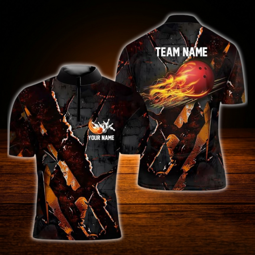 Custom Flaming Ball Grunge Bowling Jersey For Men, Custom Flame Bowling Team Shirt