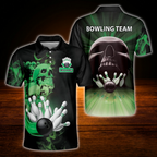 Custom Skull Red Black Bowling Men Polo Shirt, Custom Skull Bowling Team Shirt