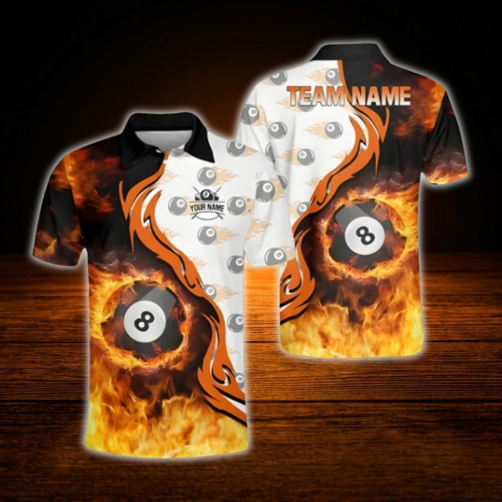 Custom Fire 8 Ball Billiard Polo Shirt Orange Black, Custom Flame Billiard Team Shirt