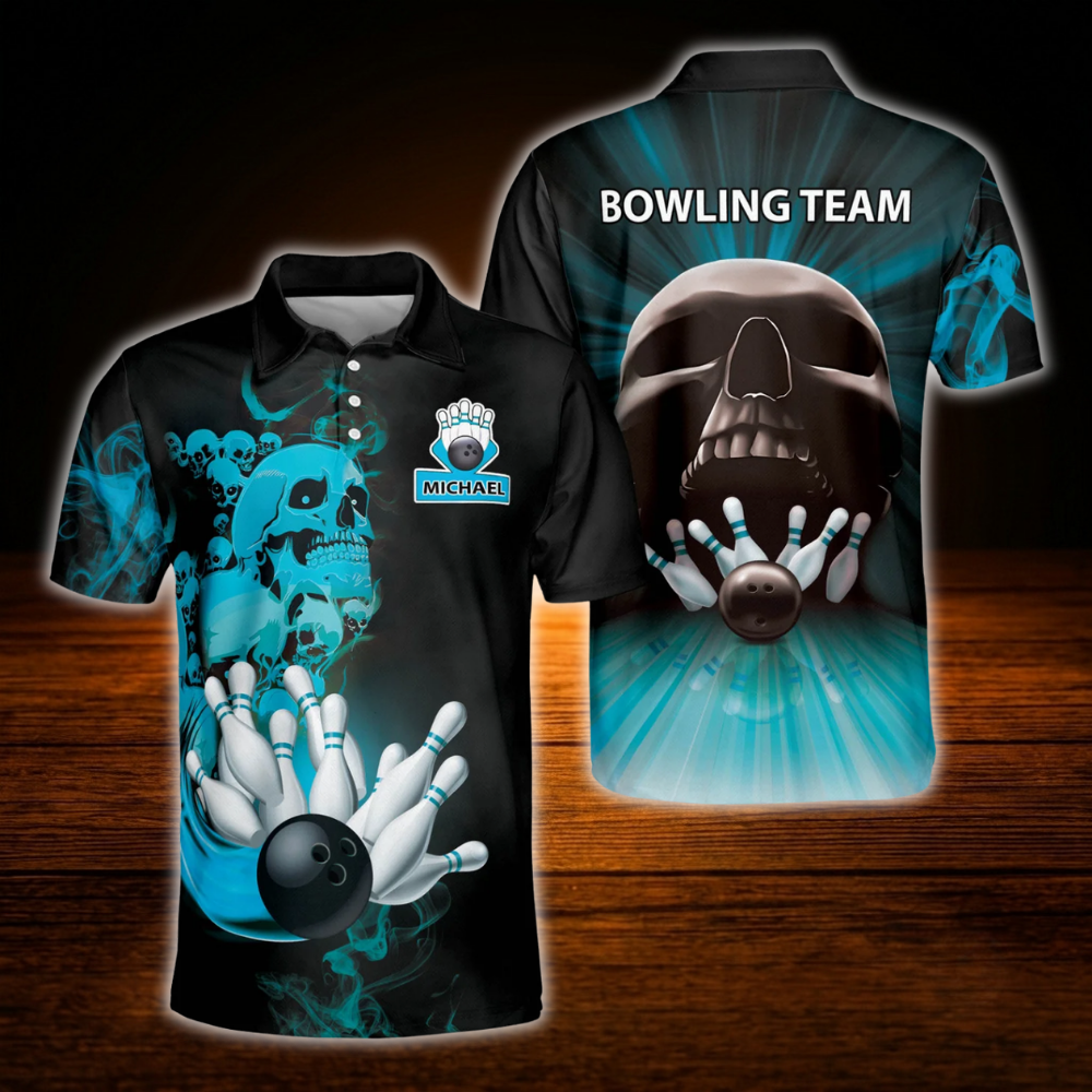 Custom Skull Red Black Bowling Men Polo Shirt, Custom Skull Bowling Team Shirt