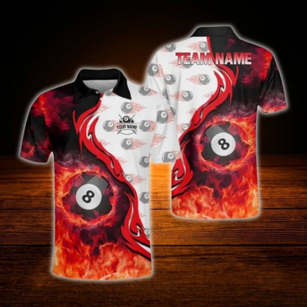 Custom Fire 8 Ball Billiard Polo Shirt Orange Black, Custom Flame Billiard Team Shirt