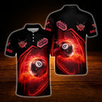 Custom Flaming 8 Ball Billiard Men Polo Shirt Red Black, Custom Flame Billiard Shirt Team