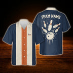 Custom Retro Navy Orange Bowling Hawaiian Shirt, Custom Team Retro Bowling Shirt