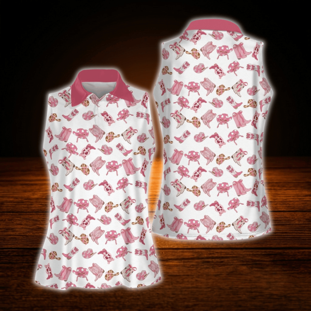 Pink Cowgirl Women's Sleeveless Golf Shirts, Western Golf Shirt For Ladies