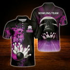 Custom Skull Red Black Bowling Men Polo Shirt, Custom Skull Bowling Team Shirt