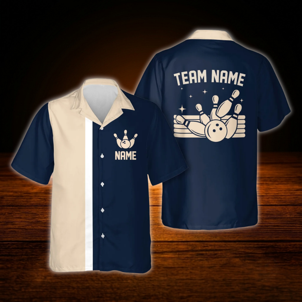 Black Beige Custom Vinage Bowling Hawaiian Shirt, Custom Team Vintage Bowling Shirt