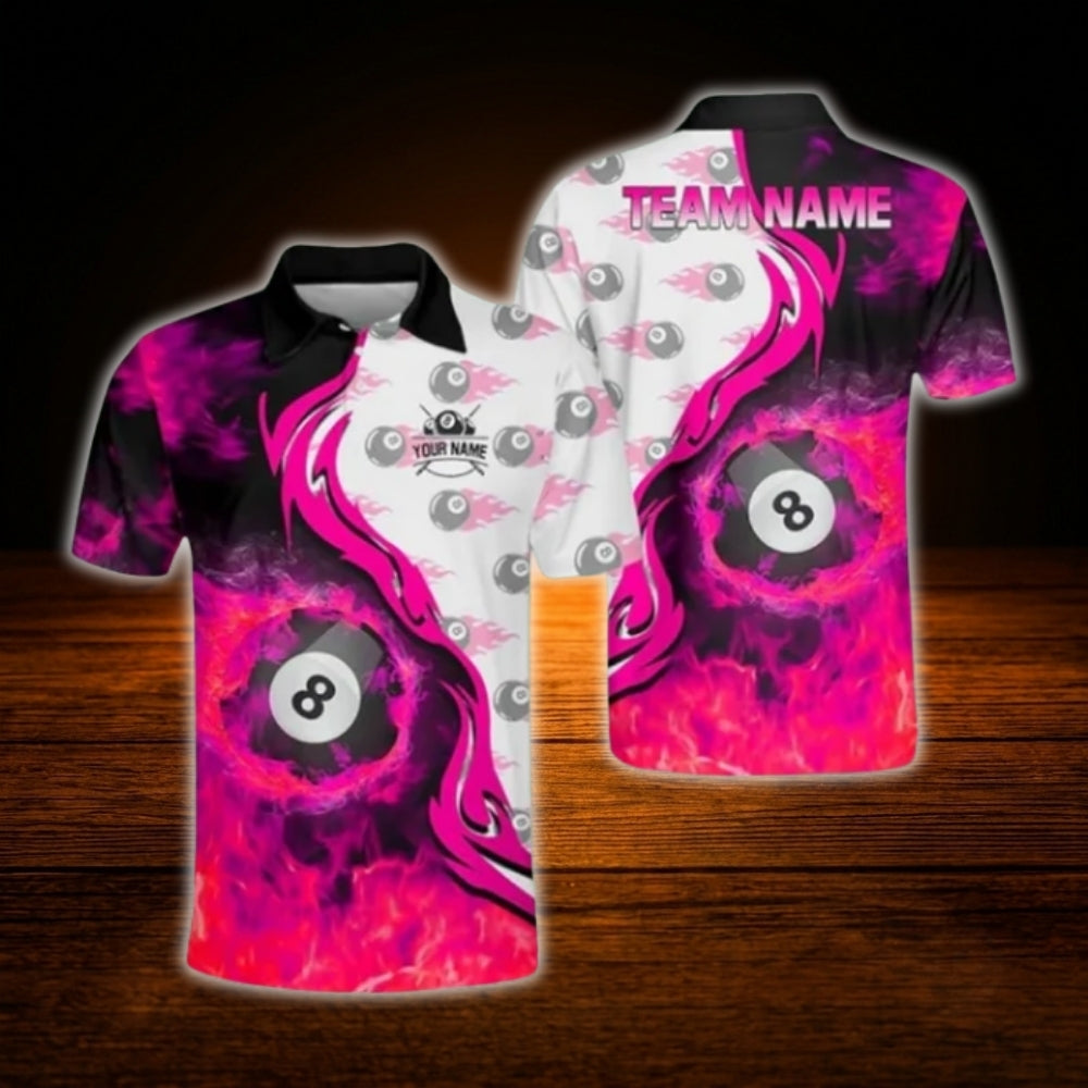 Custom Fire 8 Ball Billiard Polo Shirt Orange Black, Custom Flame Billiard Team Shirt
