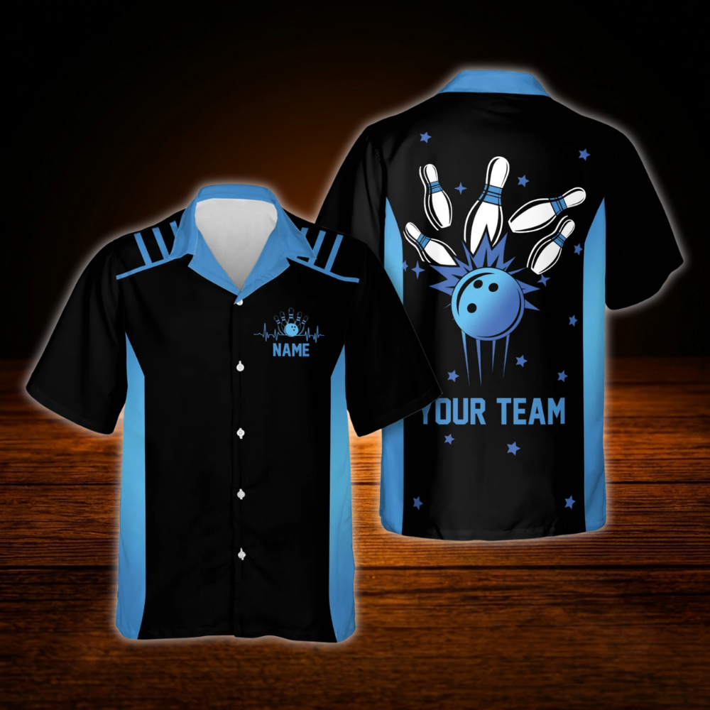 Custom Team Black Blue Neon Bowling Hawaiian Shirt, Custom Bowling Shirt
