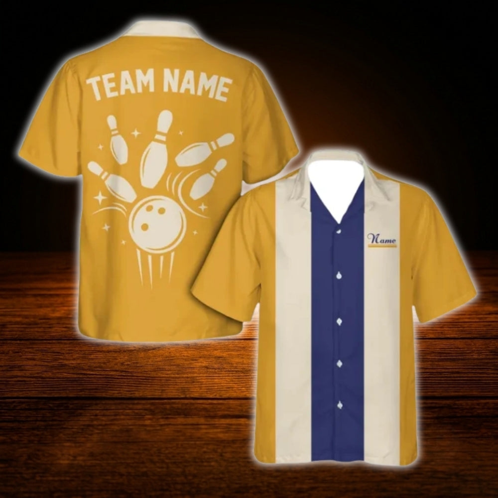 Custom Retro Navy Orange Bowling Hawaiian Shirt, Custom Team Retro Bowling Shirt