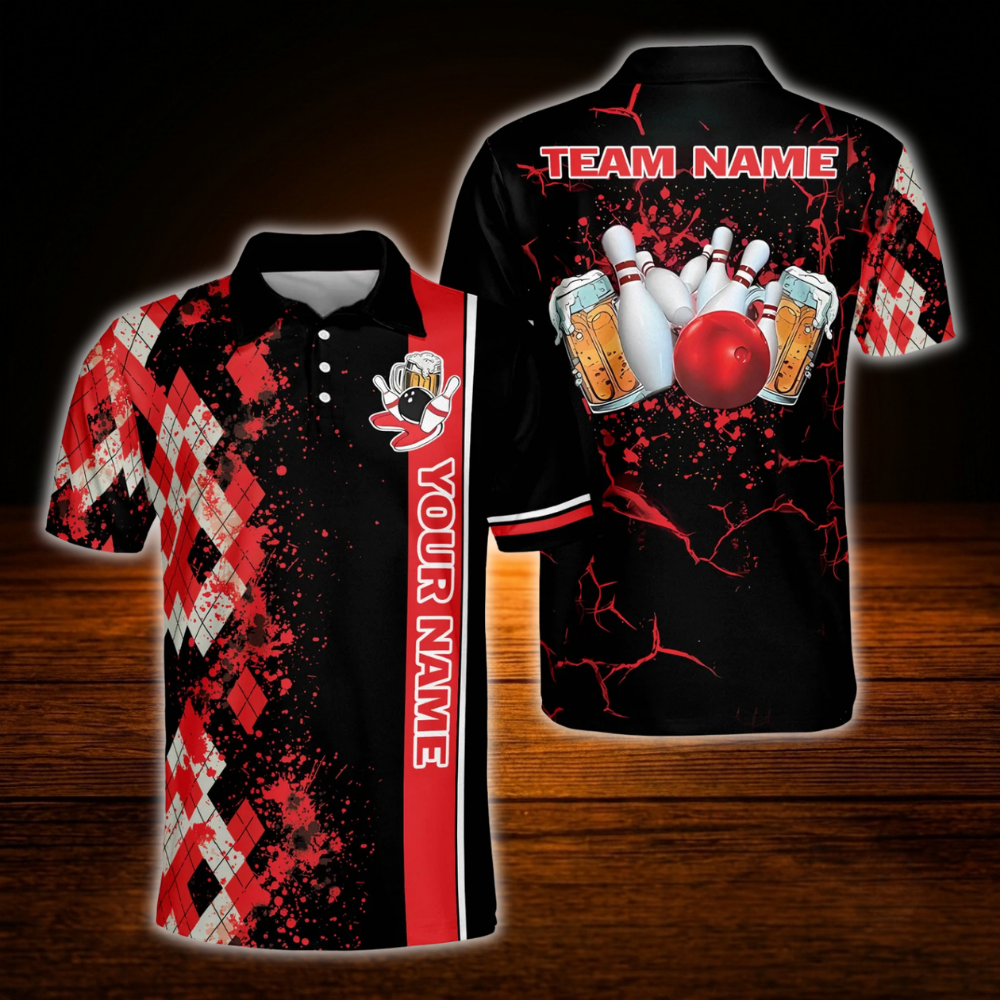 Custom Beer Argyle Bowling Polo Shirt For Men, Custom Beer Bowling Team Shirt