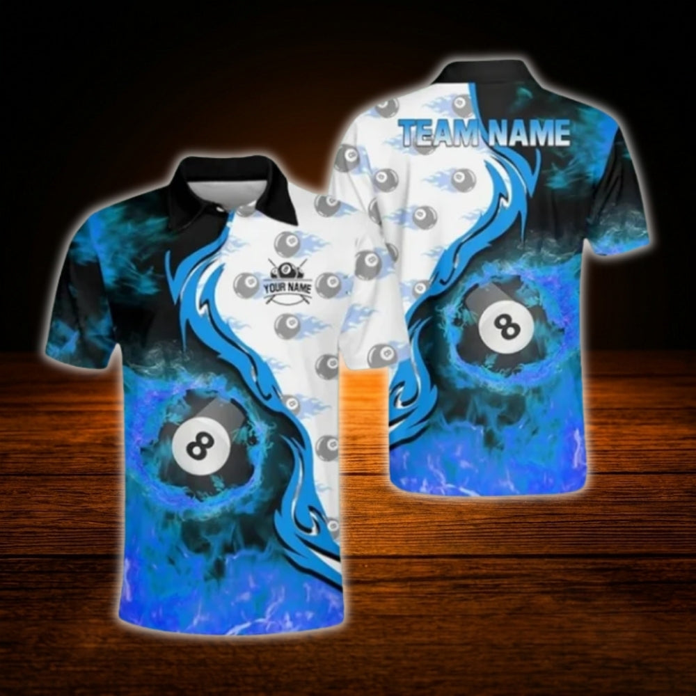 Custom Fire 8 Ball Billiard Polo Shirt Orange Black, Custom Flame Billiard Team Shirt