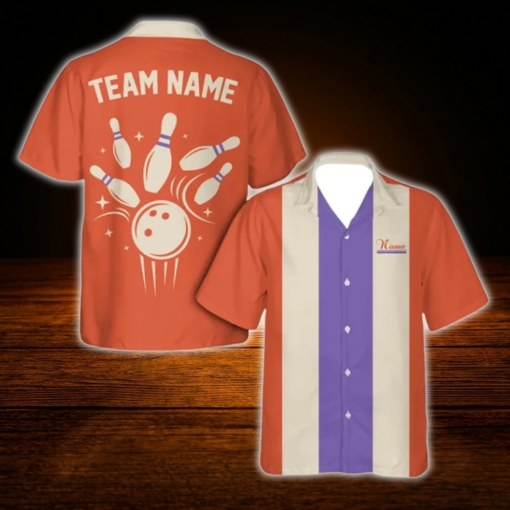 Custom Retro Navy Orange Bowling Hawaiian Shirt, Custom Team Retro Bowling Shirt