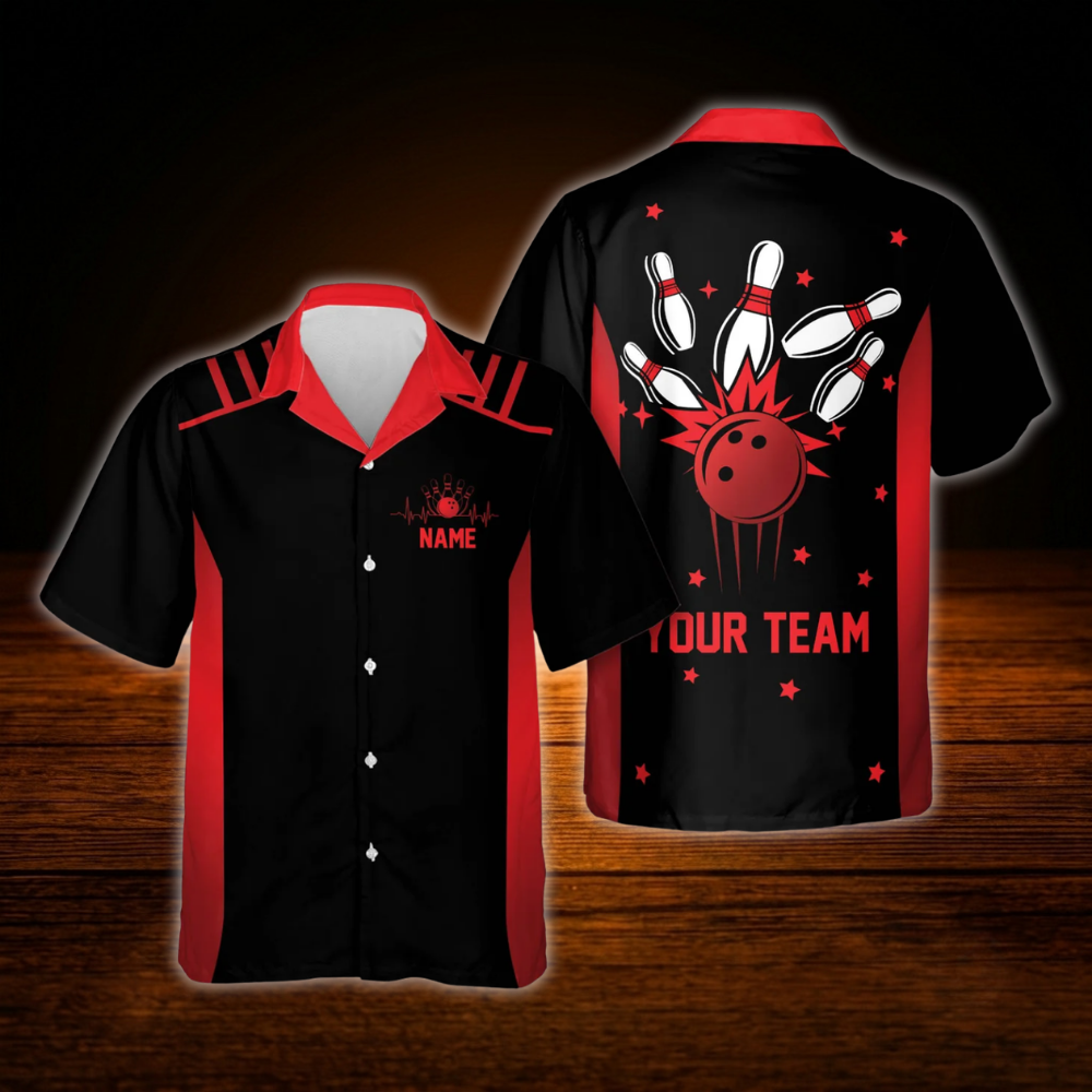 Custom Team Black Blue Neon Bowling Hawaiian Shirt, Custom Bowling Shirt