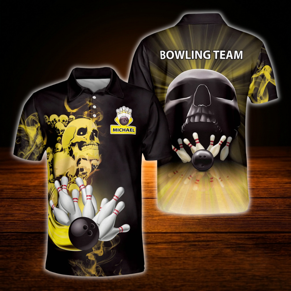 Custom Skull Red Black Bowling Men Polo Shirt, Custom Skull Bowling Team Shirt