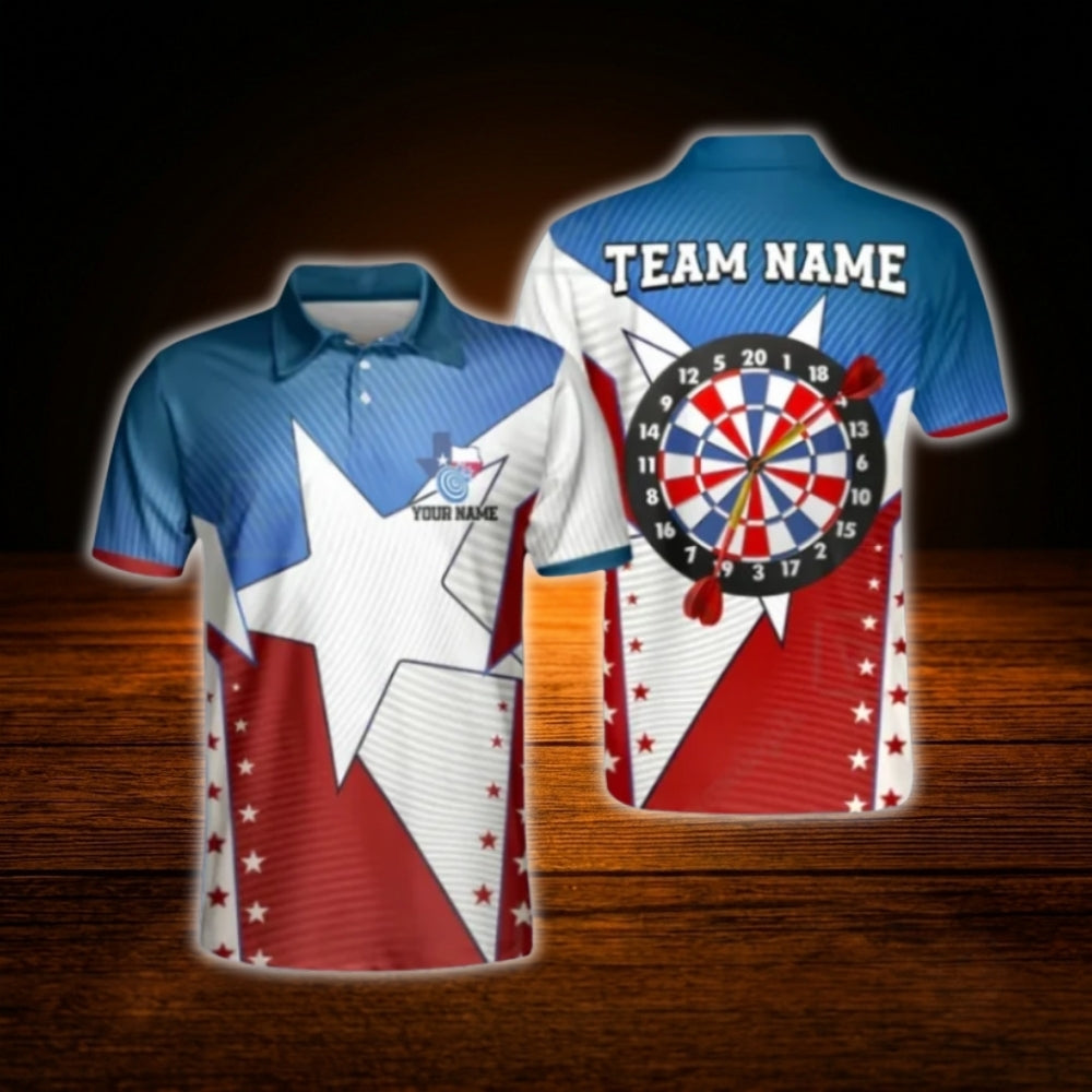 Texas Flag Custom Mens Dart Polo Shirt, Custom Texas Darts Shirt For Team