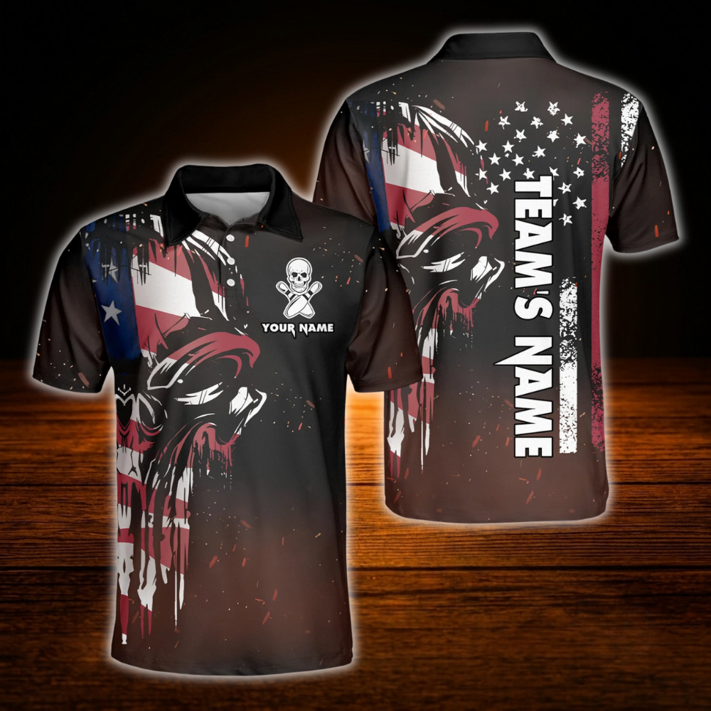 Custom Skull American Flag Bowling Polo Shirt Men, Custom Skull Team Bowling Shirt
