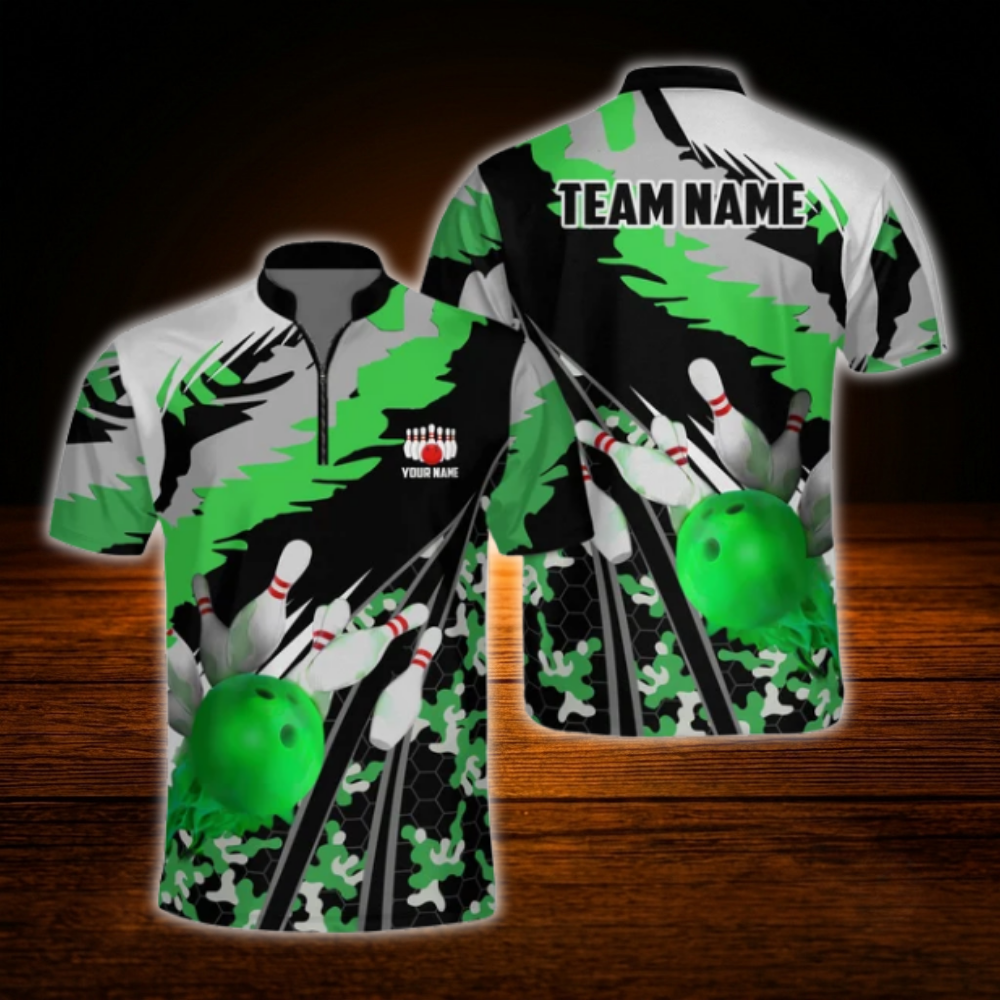 Custom Green Camo Bowling Jersey Men, Custom Camouflage Bowling Shirt