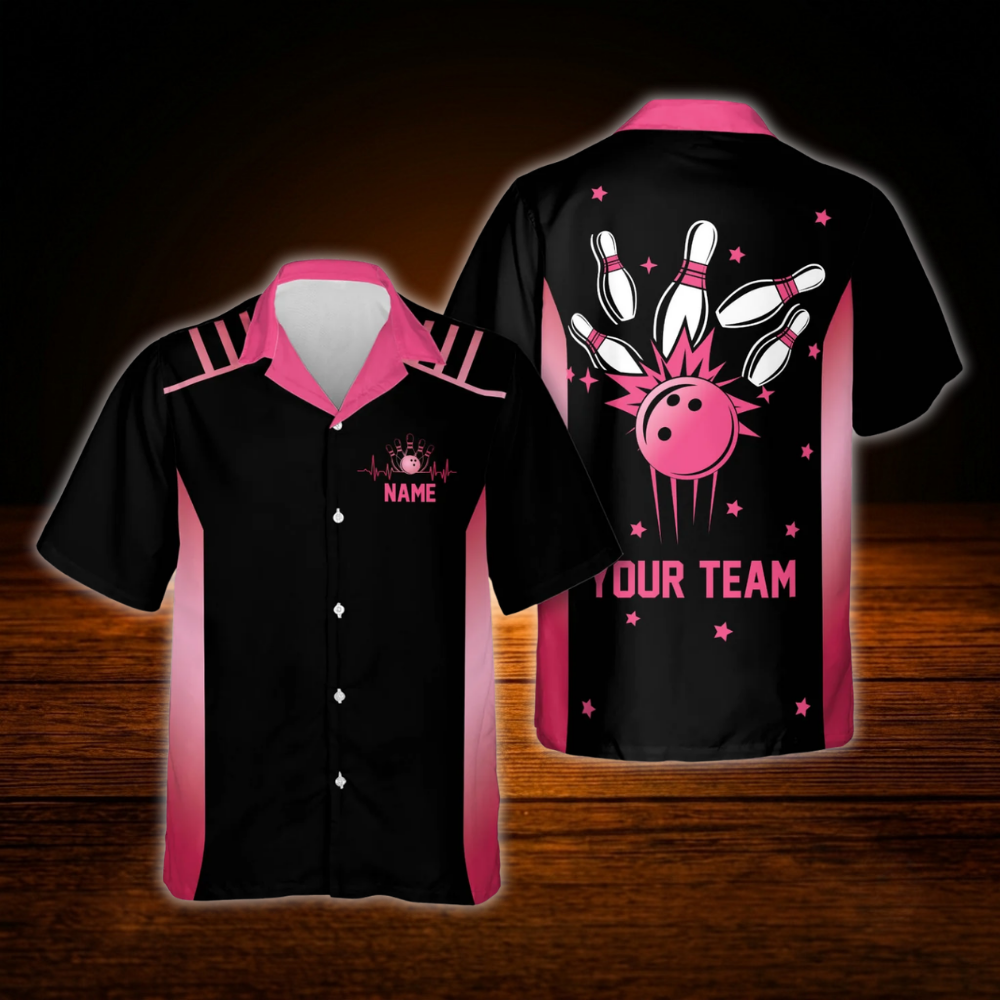 Custom Team Black Blue Neon Bowling Hawaiian Shirt, Custom Bowling Shirt