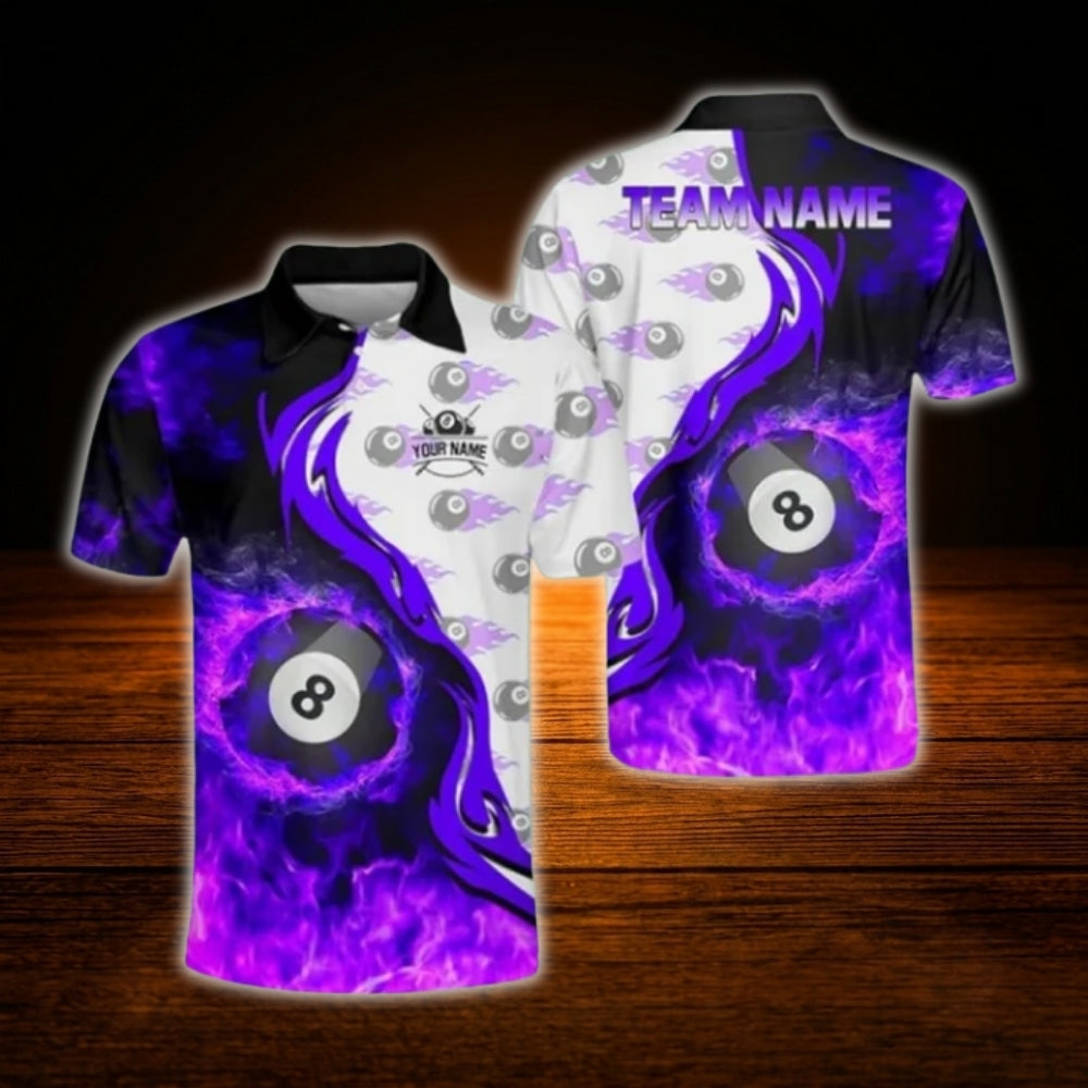 Custom Fire 8 Ball Billiard Polo Shirt Orange Black, Custom Flame Billiard Team Shirt