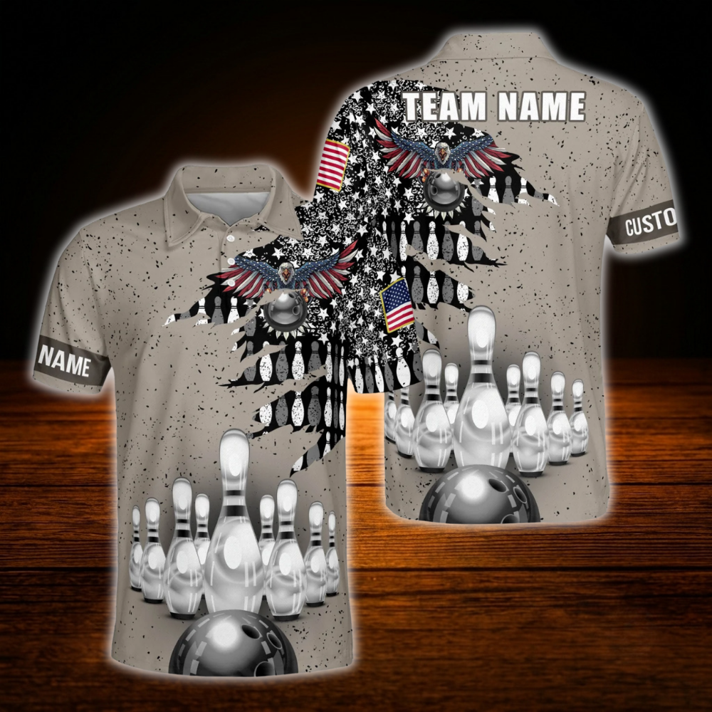 Custom Eagle Brown Bowling Polo Shirt For Men, Custom Eagle Team Bowling Shirt