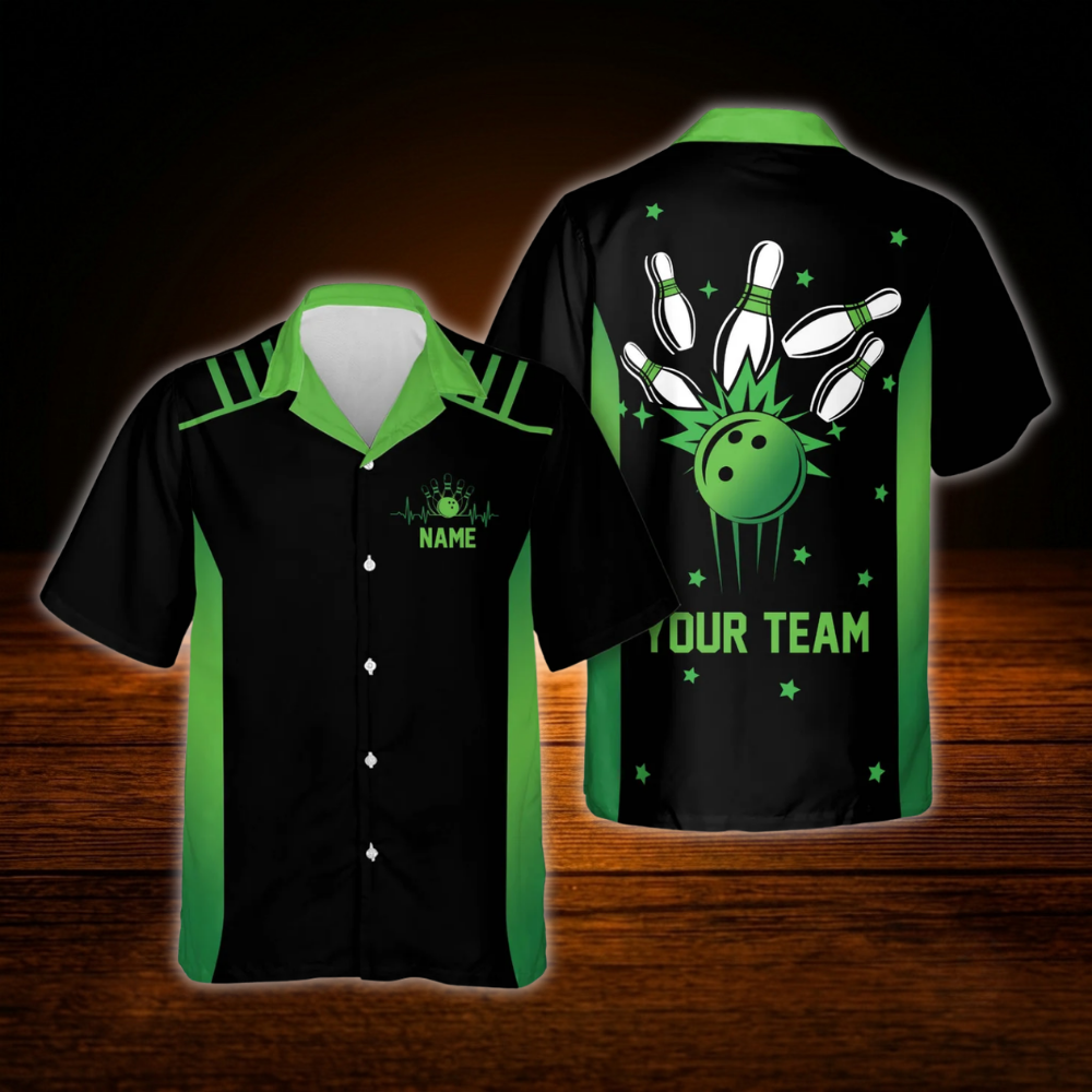 Custom Team Black Blue Neon Bowling Hawaiian Shirt, Custom Bowling Shirt