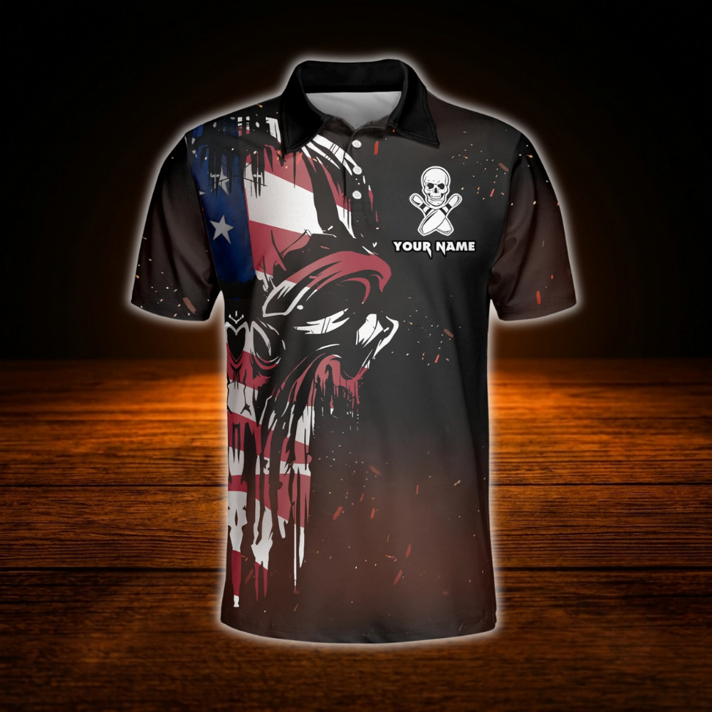 Custom Skull American Flag Bowling Polo Shirt Men, Custom Skull Team Bowling Shirt