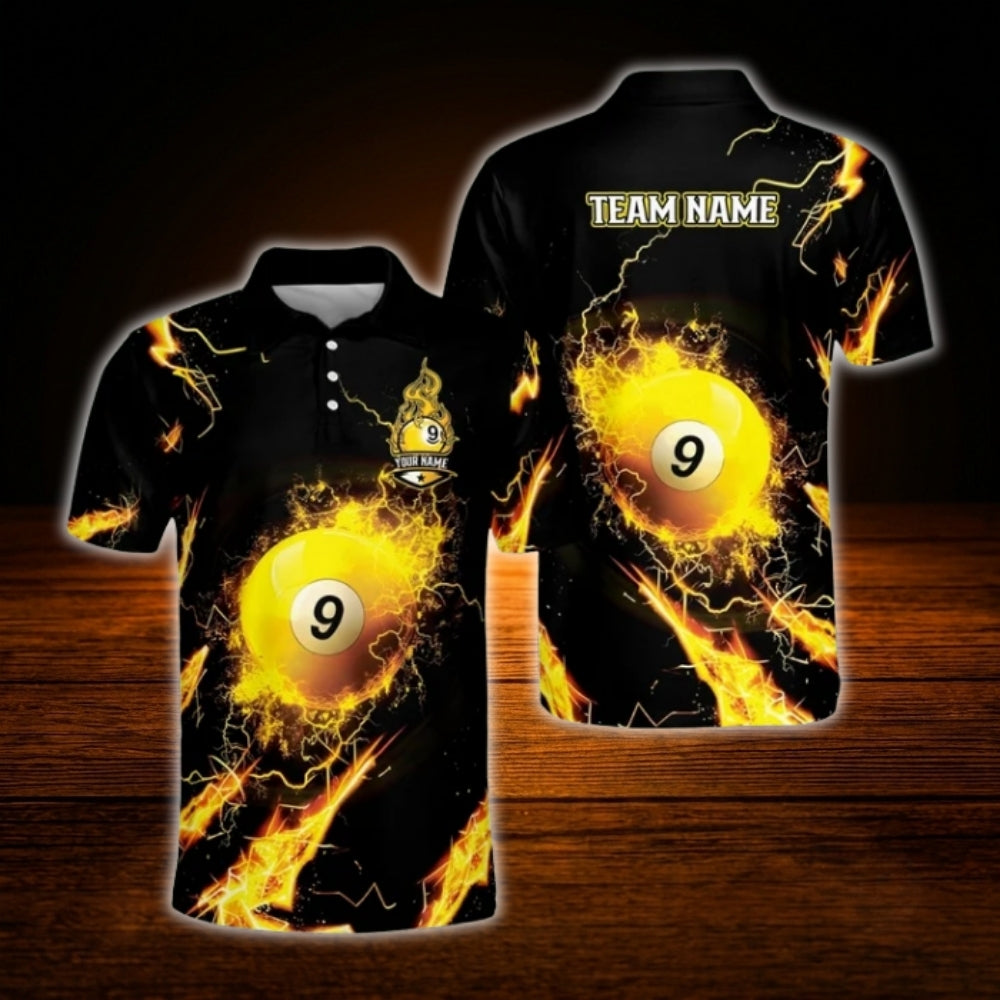 Custom 9 Ball Black And Yellow Flame Billiard Men Polo Shirt, Custom 9 Ball Team Billiard Shirt