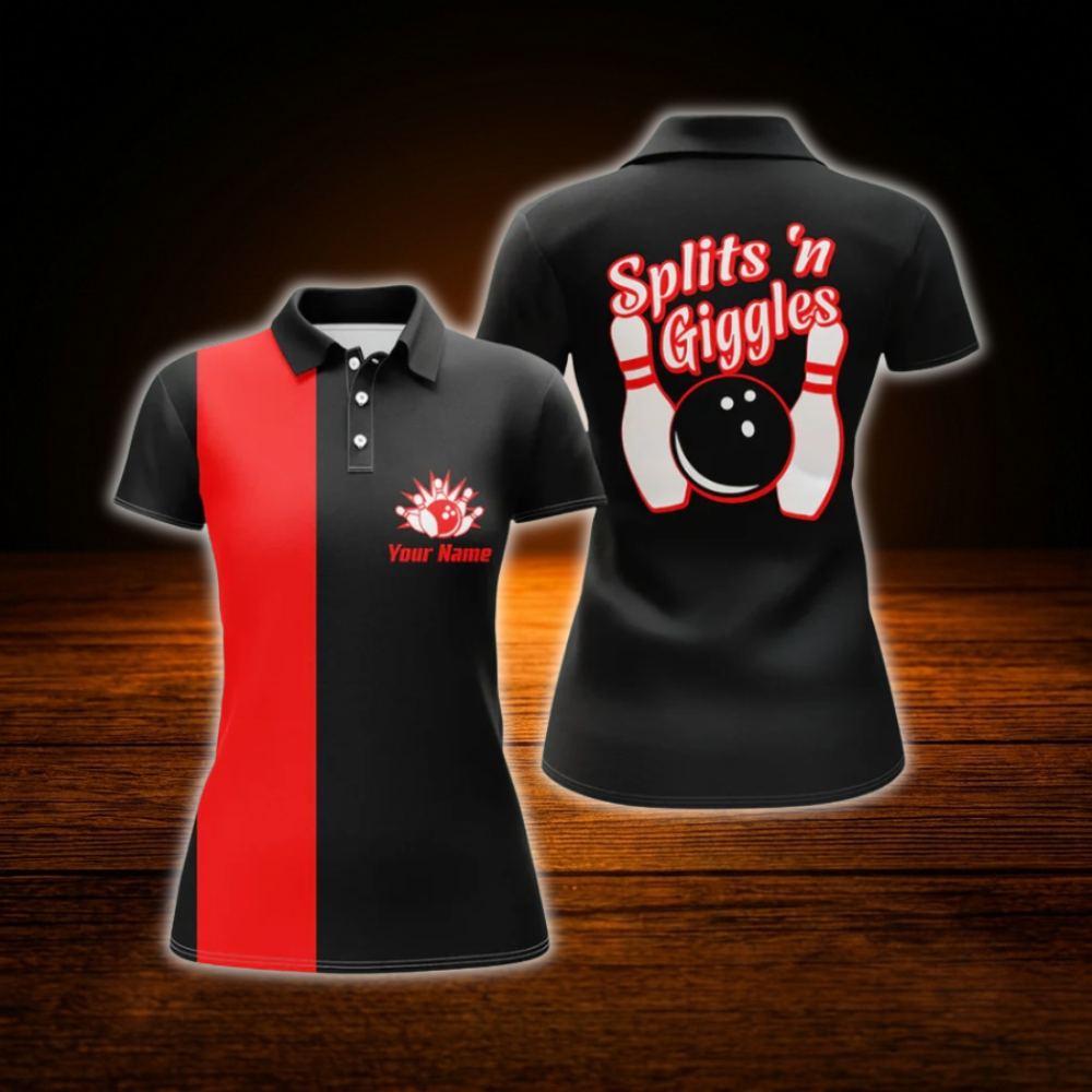 Splits'n Giggles Custom Black And Pink Bowling Polo Shirts For Women, Custom Funny Women Bowling Shirts