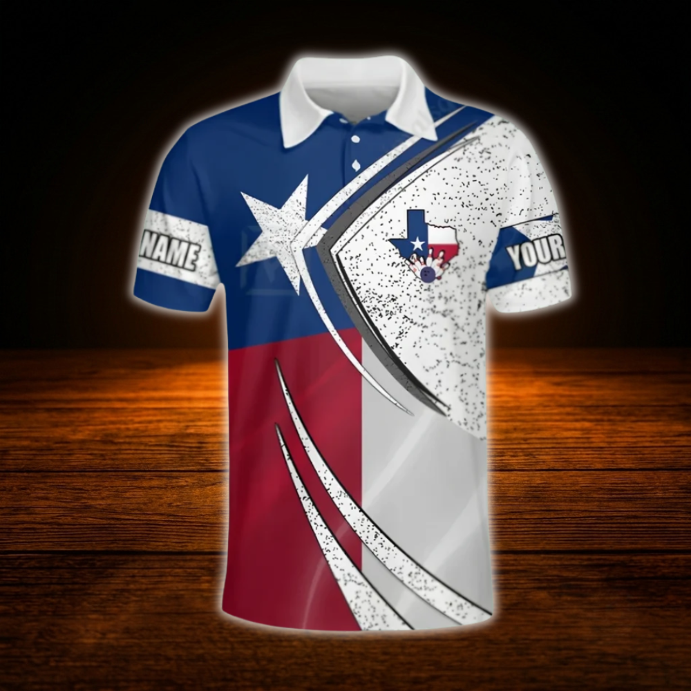 Custom Texas Flag Bowling Polo Men's Shirts, Custom Texas Team Bowling Shirts