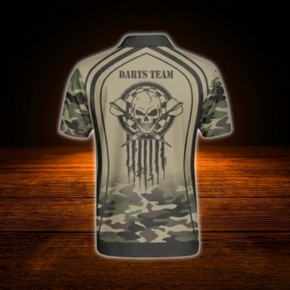 Custom Skull Camo Darts Men Polo Shirt Brown, Custom Camoflage Dart Team Shirt