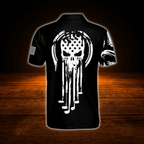 Skull USA Flag Men's Black Golf Polo Shirts, Skull Golf Shirts