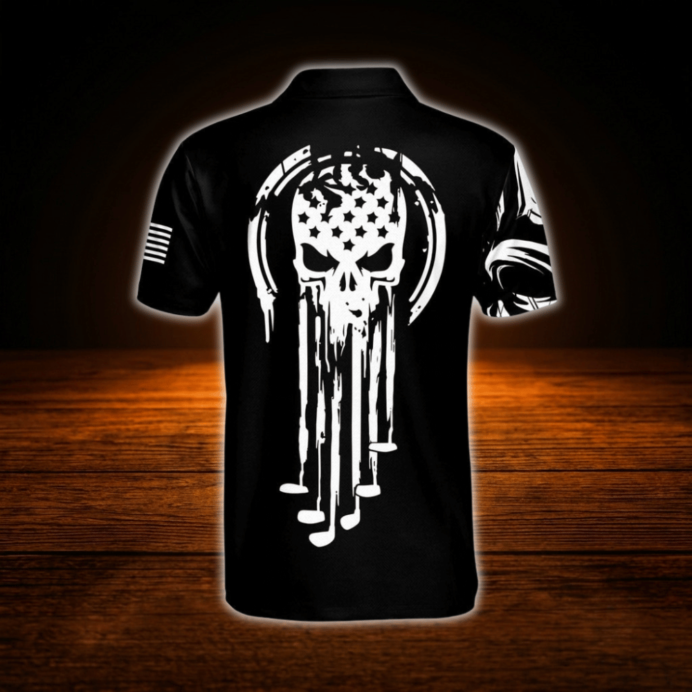 Skull USA Flag Men's Black Golf Polo Shirts, Skull Golf Shirts