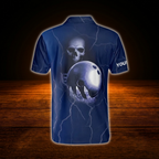 Custom Skull Navy Blue Mens Bowling Polo Shirts, Custom Skull Bowling Shirts