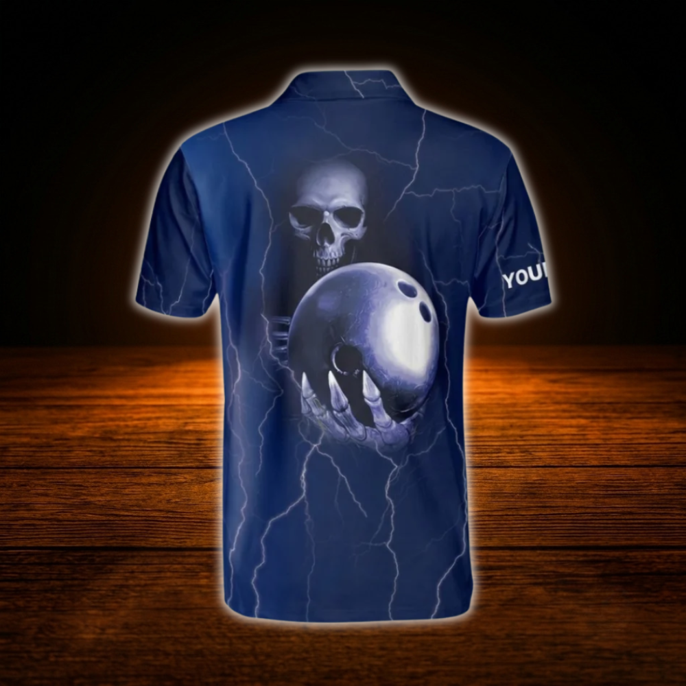 Custom Skull Navy Blue Mens Bowling Polo Shirts, Custom Skull Bowling Shirts