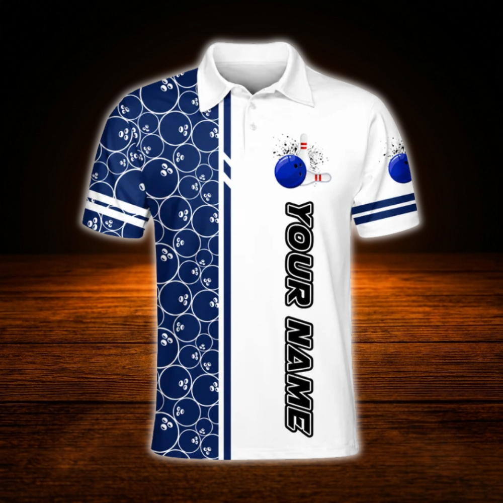 Custom Team Blue And White  Bowling Polo Shirts For Men, Custom Team Bowling Shirts